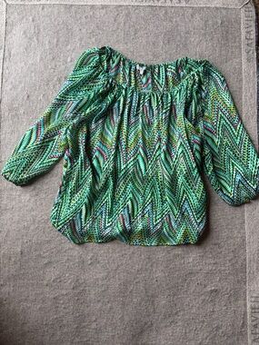 NY Collection Green Chevron Off-Shoulder Top with Multicolor Accents